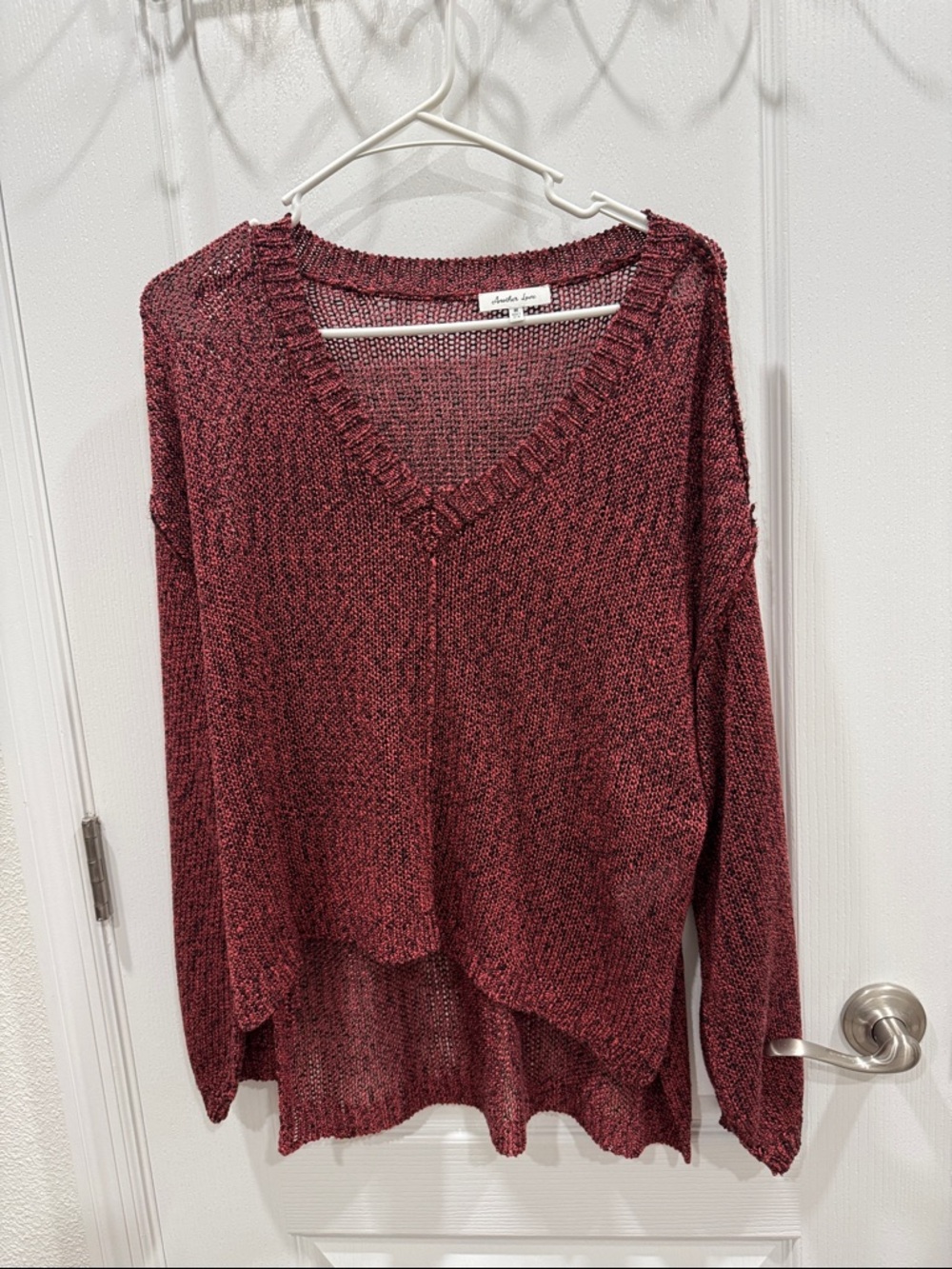 Another Love Open Knit V-Neck Sweater in Deep Wine